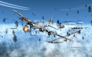 "Wing and a Prayer" Artwork by Len Krenzler.  Used with permission. Ever wonder what it was like to fly into a flak barrage?  This artist's rendition of an air raid over Frankfurt, Germany shows just how heavy the flak barrage could be.  I found this image online while searching for a nice flak barrage photo and, while there are many out there from the War, this one caught my eye for 2 reasons: it is nice and the plane depicted is a Triangle K!  This is "Little Lovely", piloted by Robert Cardwell, 379th BG, 525th Squadron. You can read more about this image here. 
